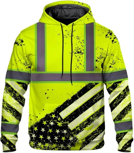 Miniatura 20 de Sudadera con Capucha de Alta Visibilidad con Bandera de EE.UU. de Color Personalizado para Hombres y Mujeres con Cintas Reflectantes, Ropa