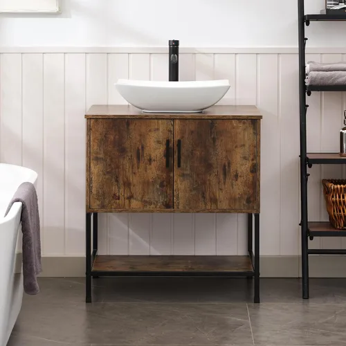 Miniatura 38 de UEV Tocador de Baño de Roble Rústico de 24" con Lavabo, Conjunto de Gabinete de Baño con Marco de Hierro Industrial con Puertas y Estante, con Combo