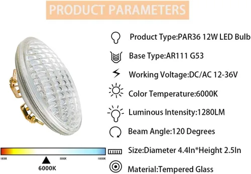 Miniatura 2 de SHUWDKAR PAR36 - Bombillas LED para paisaje, 12 W, 1280 lm, 80 W, equivalentes a bombillas halógenas de paisaje, 12-36 V, luz diurna 6000 K