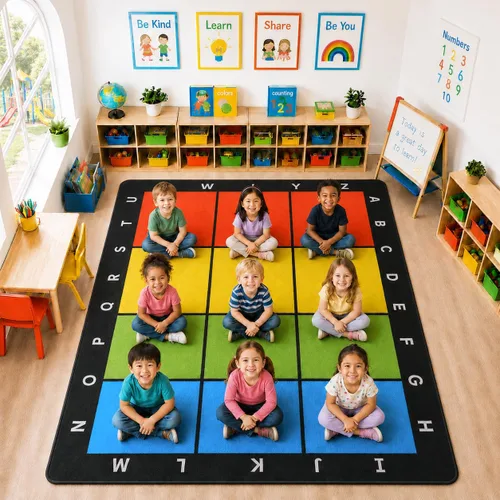 Miniatura 15 de Alfombras de juego para aula, alfombra de 5 x 7 pies para niños con parte trasera de goma, círculo colorido sobre fondo azul, alfombra de juego