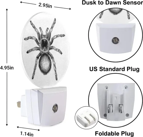 Miniatura 3 de Red de araña blanca y negra, luz nocturna espeluznante y aterradora araña LED del atardecer al amanecer, luz nocturna enchufable, sensor automático