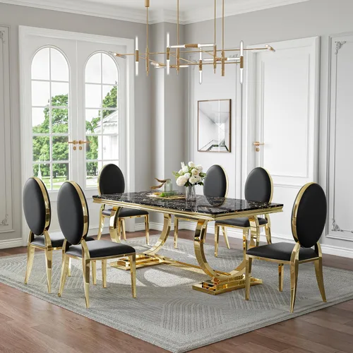 Miniatura 38 de Juego de mesa de comedor de mármol de 70 pulgadas para 6, mesa de cocina grande y sillas de cuero negro, mesas de comedor modernas negras y doradas