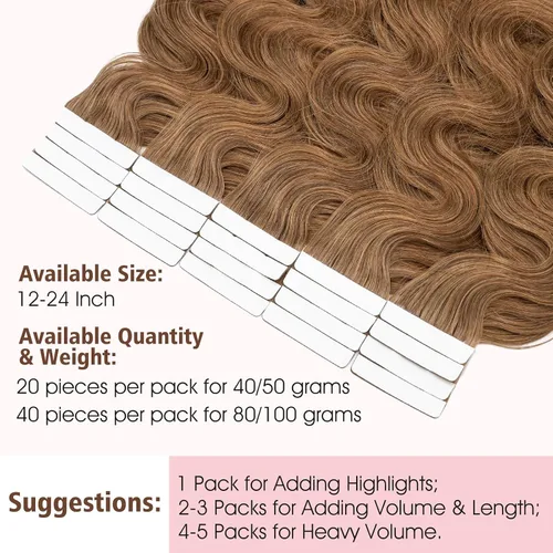 Miniatura 5 de Hairro Extensiones de cabello humano ondulado con cinta adhesiva de 14 pulgadas, color castaño rubio, corto, 1.41 onzas, 20 unidades, extensiones