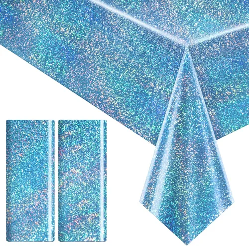 Just Shimmer Mantel holográfico azul claro de 40" x 108" Decoración de fiesta rosa fuerte Día de San Valentín Fiesta de cumpleaños Decoración de