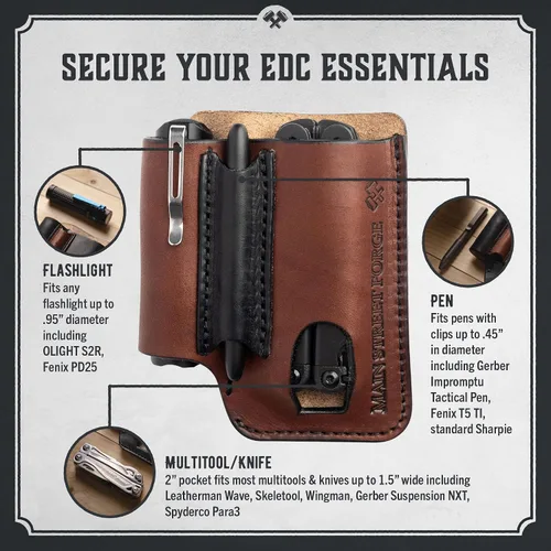 Miniatura 3 de Bolsa EDC de cuero fabricada en Estados Unidos Funda multiherramienta de cuero para hombres Clip para cinturón/organizador de bolsillo