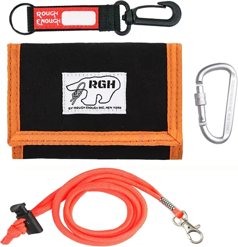 Rough Enough - Cartera para niños y adolescentes con cordón para el cuello, llavero en lona negra, Negro -, Billetera triple para niños con clip de