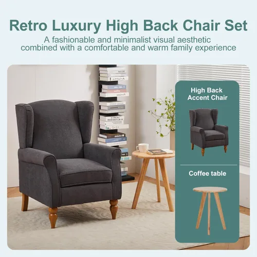 Miniatura 4 de Mid-Century - Silla de ala alta, moderna silla decorativa de tela con mesa auxiliar de madera maciza, sofá individual de ocio para sala de estar