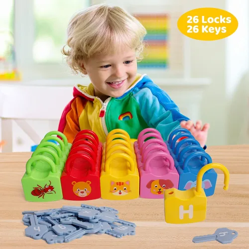 Miniatura 5 de Dinhon - Cerraduras de aprendizaje del alfabeto de colores, combinación de letras educativas con 26 cerraduras, 26 llaves, juego de aprendizaje