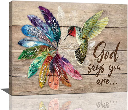 Miniatura 49 de Arte de pared de colibrí cristiano con texto en inglés "God says you ers", impresiones en lienzo, pintura rústica de pájaros de campo, obras de arte