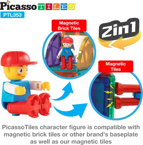Miniatura 7 de PicassoTiles Juego combinado de 16 piezas + 353 piezas de azulejos magnéticos y ladrillos, figuras de acción, juguetes de aprendizaje STEM, a partir