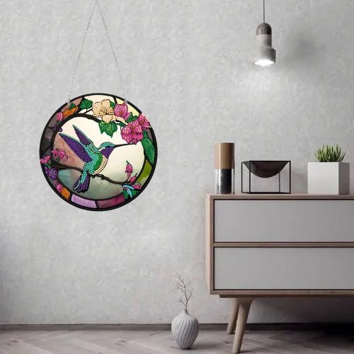 Miniatura 2 de LUSandy Kit de pintura de diamante de colibrí con flores 5D para bricolaje, letrero de arte de pared, pájaro, diamante, atrapasoles, ventana, Flores