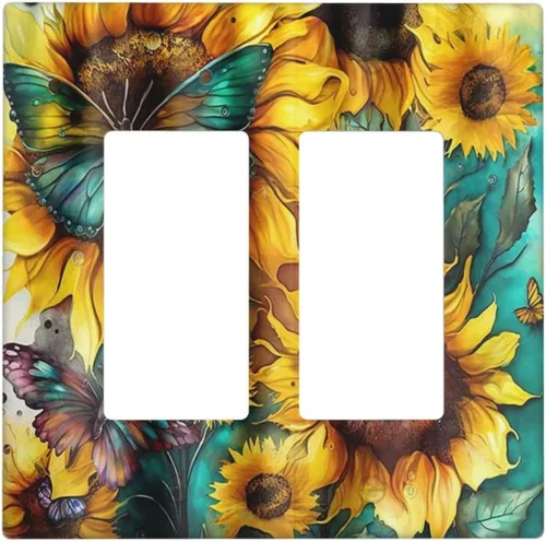 Miniatura 26 de Cubiertas de salida de girasoles amarillos, mariposas verdes y verde azulado de 1 banda, cubierta de interruptor de luz dúplex de 1 banda, placa