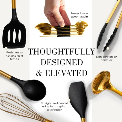 Miniatura 8 de Juego de utensilios de cocina negro y dorado de Styled Settings – Juego de cocina de 15 piezas incluye utensilios de silicona negros, soporte
