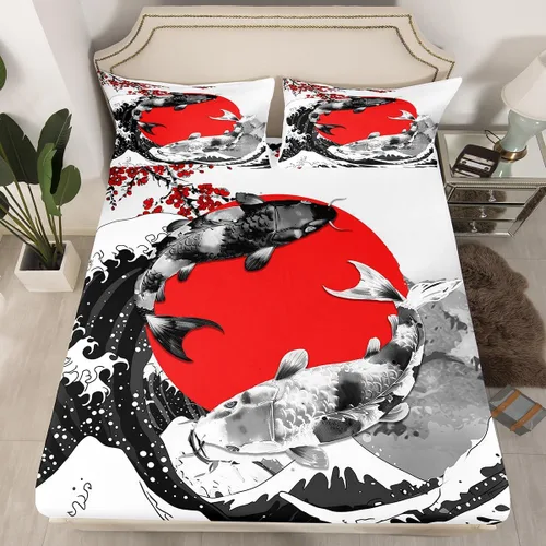 Miniatura 2 de Juego de sábanas estilo japonés Mount Fuji con diseño de peces koi, tema Ukiyo-E, sábana ajustable con pintura de tinta roja de cerezo de montaña