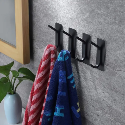 Miniatura 4 de YIGII Ganchos adhesivos para toallas, ganchos de pared negros para baño y cocina, ganchos resistentes, paquete de 4, acero inoxidable