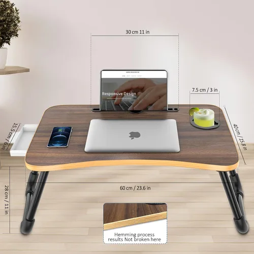 Miniatura 5 de Zapuno Mesa de cama plegable para laptop, mesa multifunción con cajón de almacenamiento y soporte para botella de agua, bandeja de servir mesa