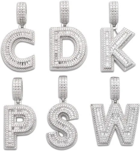 Colgante de letra de bloque en plata de ley 925 con piedras baguette de circonita cúbica, Plata esterlina Piedra Zirconia cúbica, Circonita cúbica