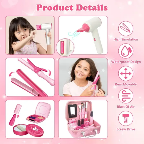 Miniatura 2 de Conjunto de juguetes de salón de belleza para niños RedCrab, juego de peluquería para niñas con kit de maquillaje simulado incluye secador de pelo