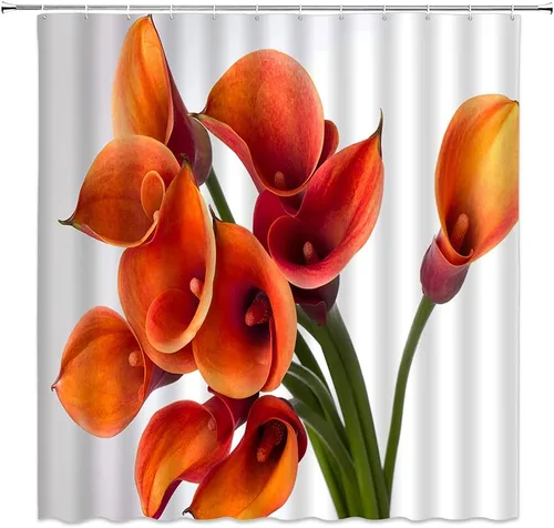 Cortina de ducha de flores naranjas, naranja quemado, lirio de cala, floral, hermoso, romántico, primavera, plantas creativas, tela de poliéster,
