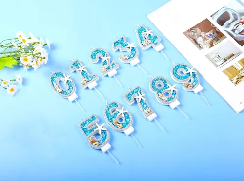 Miniatura 9 de Vela de cumpleaños número 0 3D número 0 para decoración de pastel para niños y niñas, niños pequeños bajo el océano, tema azul mar, fiesta