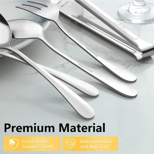 Miniatura 4 de Pleafind Juego de 16 utensilios de servir de acero inoxidable con cucharas de servir, cucharas de servir ranuradas, tenedores para servir y pinzas