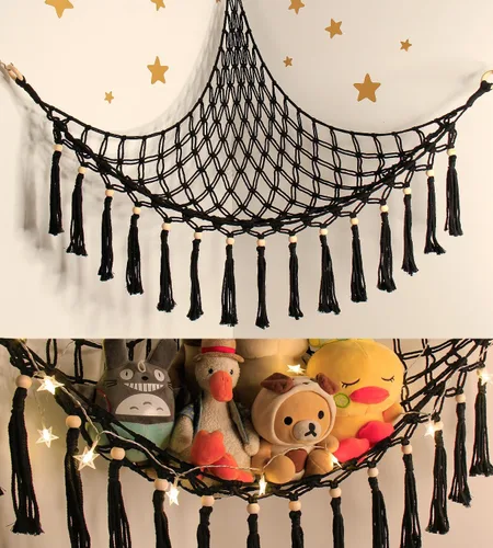 Miniatura 9 de Hamaca de almacenamiento para juguetes de animales de peluche con luz LED - Organizador de habitación jumbo de macramé para muñecas, decoración
