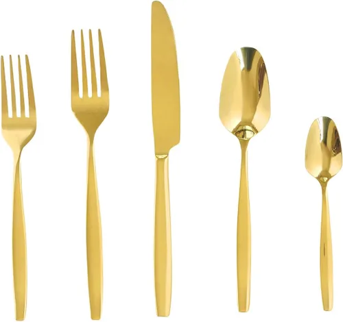 Miniatura 8 de Juego de cubiertos dorados de 20 piezas, cubiertos de acero inoxidable para 4, incluye cuchillo de carne, tenedor y cuchara, apto para lavavajillas