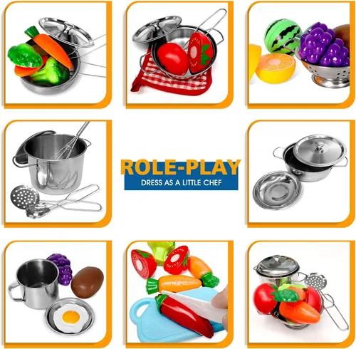 Miniatura 2 de Juego de 28 juguetes de cocina de simulación, juego de cocina con utensilios de cocina de acero inoxidable y accesorios para niños pequeños y niñas