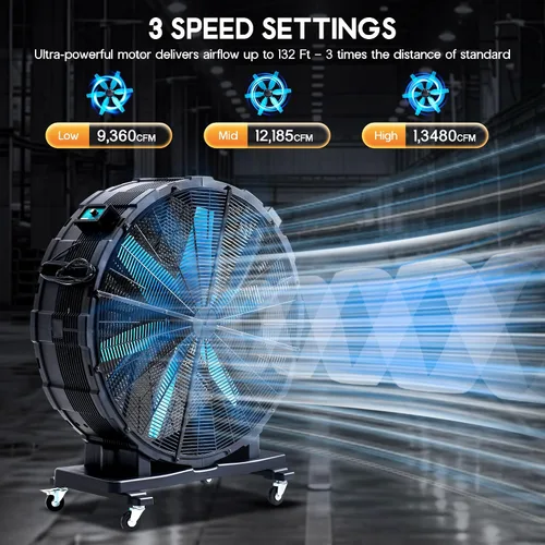 Miniatura 3 de Albott Ventilador de tambor industrial de 36 pulgadas, ventilador de piso de alta velocidad de plástico de 500 W con ruedas y velocidad variable