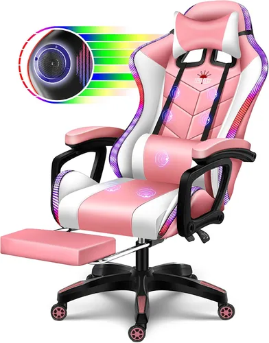 Miniatura 9 de Silla ergonómica para juegos profesional con luces LED y altavoces, silla de videojuegos con masaje y reposapiés, silla de computadora de respaldo