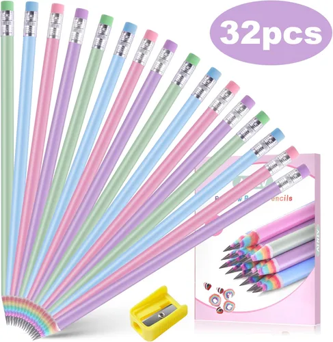 Miniatura 7 de Ainiv 32 piezas de lápices ecológicos de papel reciclado arco iris sin madera ni plástico #2 HB con sacapuntas, lápices de colores estilo macaron