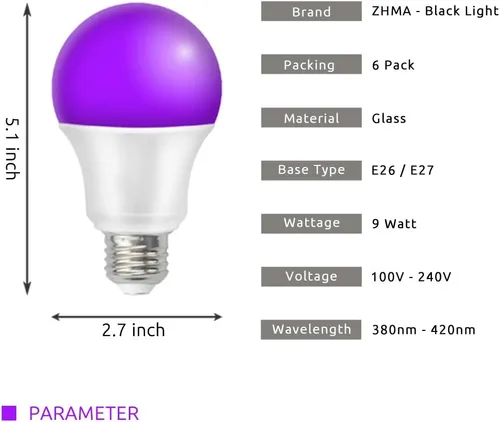 Miniatura 2 de Bombillas LED negras UV, bombilla LED negra E26 de 9 W, luces negras para fiesta brillante, dormitorio, póster fluorescente de luz negra, pintura