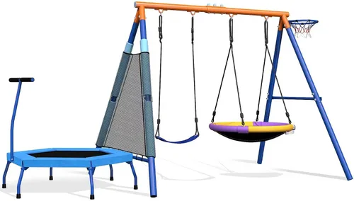 Miniatura 9 de Juego de columpios para niños 5 en 1 para patio trasero con trampolín, soporte de marco en A resistente de 880 libras, soporte de metal