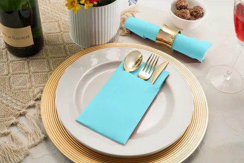 Miniatura 6 de Paquete de 50 servilletas desechables con sensación de lino para cena con bolsillo integrado para cubiertos, servilletas de papel tipo tela Menta