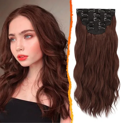 Miniatura 11 de BARSDAR Extensiones de cabello ondulado con clip, color marrón chocolate oscuro, extensiones de cabello con clip de 20 pulgadas para mujer, 5 piezas