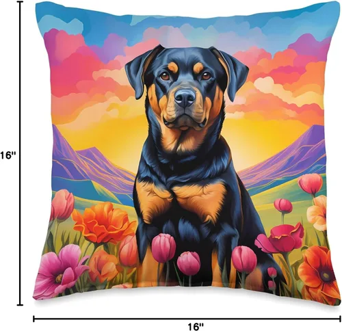 Miniatura 4 de Rottweiler Gifts by J Cute Rottweiler - Almohada colorida con diseño de flores, montaña, puesta de sol, cachorro, 16 x 16 pulgadas, multicolor