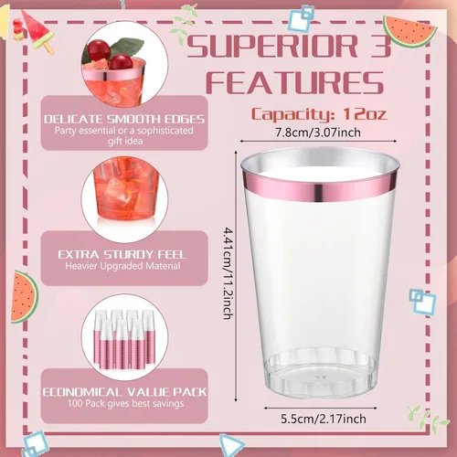 Miniatura 2 de Patelai - 100 vasos de plástico rosa de 12 onzas desechables transparentes con borde rosa, vasos de cóctel de vino para boda, cumpleaños, despedida