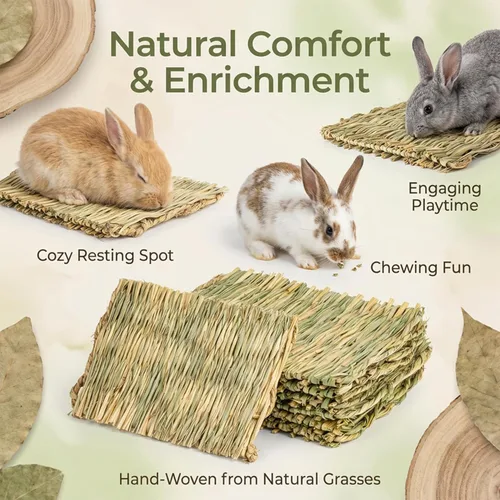 Miniatura 2 de Sukh - 3 alfombrillas de hierba de conejo, tejido de heno natural, conejo, malas jaulas, ropa de cama para mascotas, anidación para dormir, juguetes