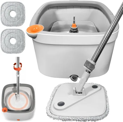 Trapeador giratorio y cubo con sistema de agua sucia y limpia M16 con 2 almohadillas, juego de trapeador limpio giratorio de 360° y cubo para pisos