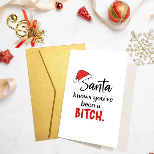 Miniatura 4 de Tarjeta de Navidad divertida para ella, tarjeta de Navidad sarcástica para la hermana mejor amiga, tarjeta de fiesta para mujer dama, Papá Noel sabe