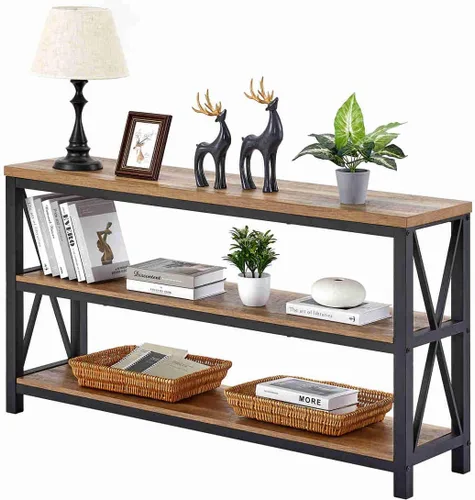 Miniatura 11 de FATORRI Mesa consola para entrada, mesa de sofá larga con estantes debajo de la ventana, mesas de pasillo de madera y metal para vestíbulo