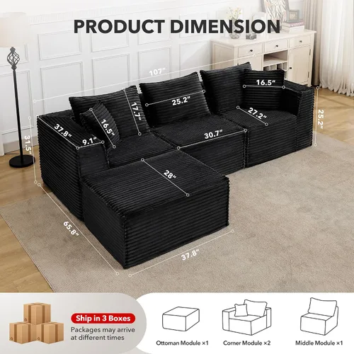 Miniatura 2 de Sofá modular modular de 107 pulgadas, moderno sofá seccional Cloud con asiento profundo, sofá deshuesado en forma de L con diván para sala de estar