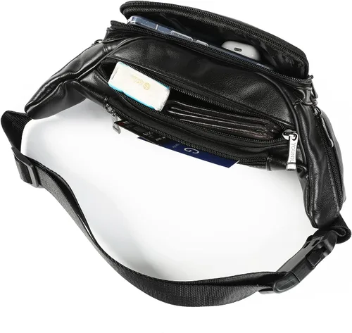 Miniatura 7 de OrrinSports Riñonera de cuero con múltiples bolsillos para mujeres y hombres, vida diaria y viajes al aire libre, 04#Black (Leather), L, Moda