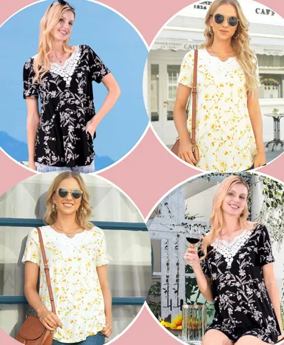 Miniatura 5 de CATHY Blusa de verano para mujer, manga corta, cuello en V, encaje de ganchillo, informal, plisada
