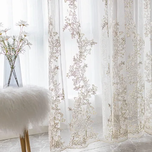 Miniatura 9 de Amidoudou 1 par de cortinas de tul bordadas de lujo para sala de estar, boda, cortinas transparentes con flores doradas 3D (blanco, 51 x 84 pulgadas)