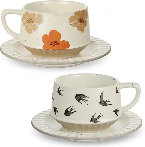 Miniatura 10 de LemonRoad Juego de tazas de té y platillo vintage, tazas de café de porcelana de 10 onzas con platillo para café con leche, moca, capuchino, tazas