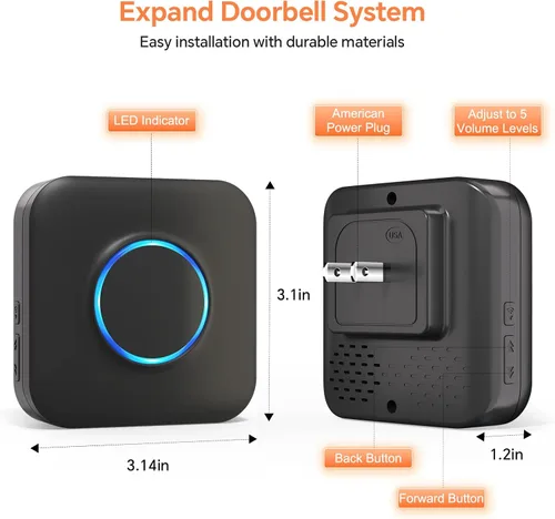Miniatura 8 de Timbre inalámbrico inteligente WiFi para Google Nest, Ring, Blink - Conectado a la aplicación con luz LED, no requiere cableado (1 paquete, negro)