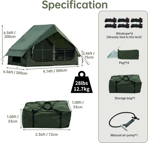 Miniatura 6 de Tienda de Campaña Inflable para Acampar con Bomba de Mano Impermeable para Exteriores Tienda Hinchable Oxford Tienda de Aire para 4 Estaciones Casa