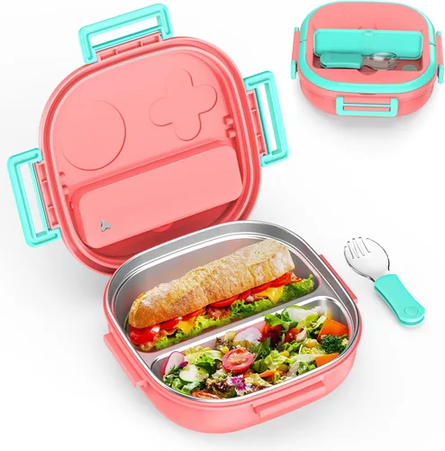 Miniatura 13 de Pequeña mini caja Bento o caja de aperitivos con 3 compartimentos extraíbles de acero inoxidable y cubiertos para bebé de 0 a 24 meses, a prueba