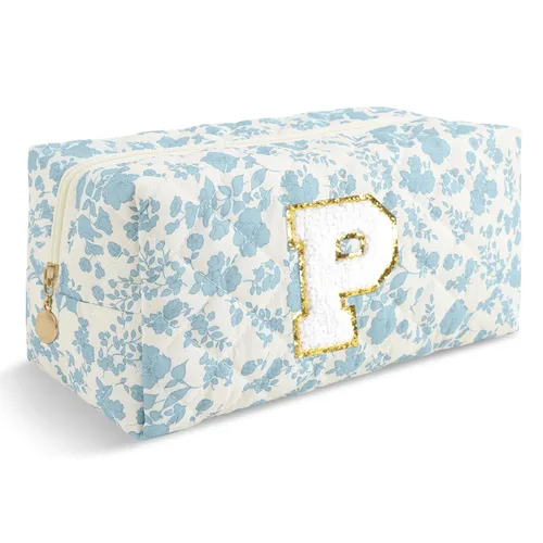 Miniatura 392 de Pequeña bolsa de maquillaje personalizada con inicial A-Z Preppy Patch, bolsa de cosméticos de viaje de felpilla blanca con cremallera, bonita bolsa